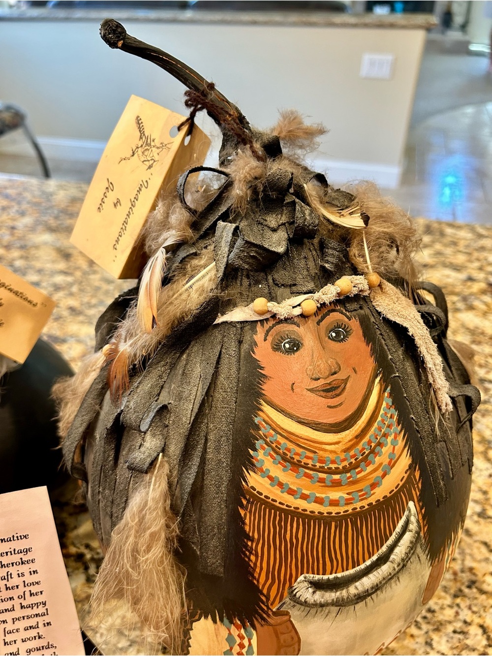 Hand-Painted Indian Maiden Gourd with Intricate Feather & Bead Headdress